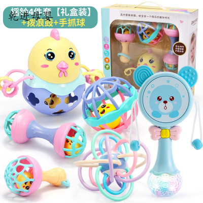新品直营-婴儿玩具0-1岁半抓握训练宝宝3-6-12个月手摇铃手抓5可咬8志摇铃4件套-礼盒装-+拨浪鼓