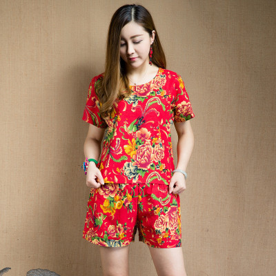 夏季新款复古民族风东北大花布棉麻短裤修身短袖休闲套装女装