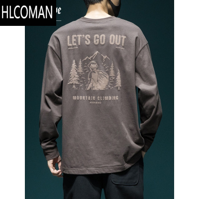 HLCOMAN美式复古长袖T恤男秋季潮流男装内搭上衣胖子宽松大码打底衫