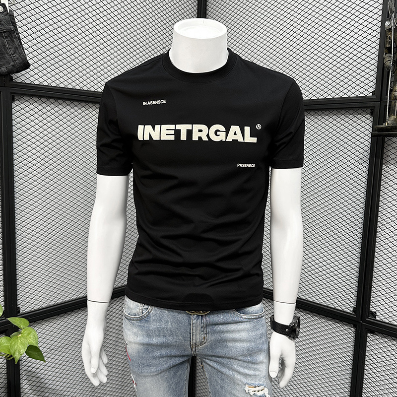 白色字母男士短袖T恤夏新款休闲圆领帅气丝光棉修身半袖体