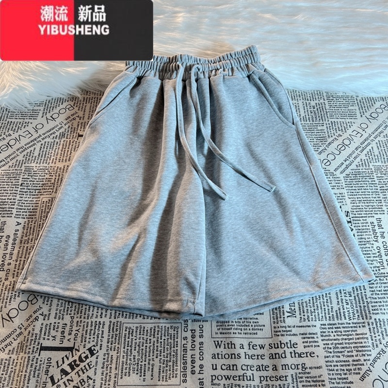 YIBUSHENG灰纯色五分裤运动短裤女天直筒高腰显休闲裤宽松阔腿中裤子