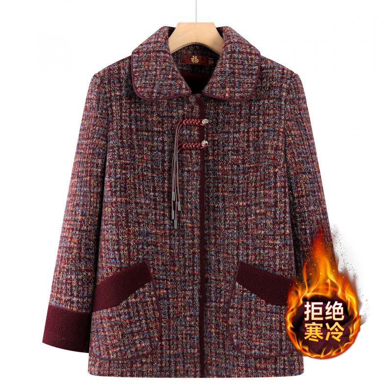 妈妈冬装上衣翻领加绒加厚高贵中老年女装洋气新款毛呢外套50多岁