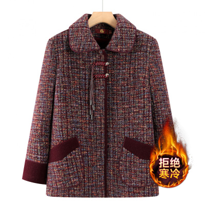 妈妈冬装上衣翻领加绒加厚高贵中老年女装洋气新款毛呢外套50多岁