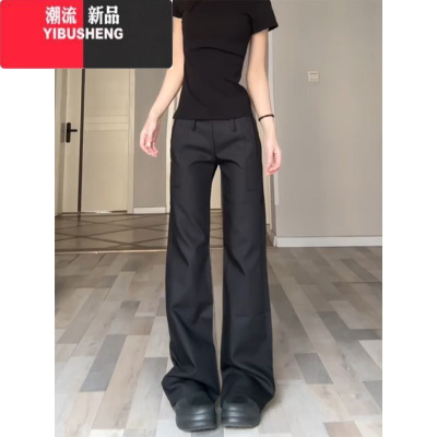 YIBUSHENG黑色微喇叭西装裤女季新款美式复古低腰修身显瘦直筒休闲长裤子