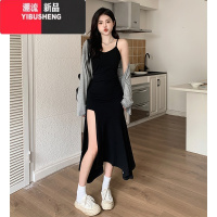 YIBUSHENG黑色吊带连衣裙外搭罩衫胖mm大码女装御姐风修身长款设计感开叉裙