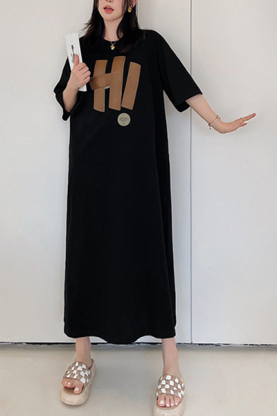 韩国大码女装夏季宽松短袖开叉连衣裙女显瘦懒人裙长裙风睡裙T恤