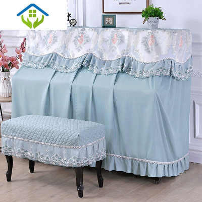 御蓝锦现代简约布艺蕾丝钢琴罩钢琴防尘罩全罩欧式中开钢琴半罩清香花语-蓝色（）加大+单人凳（升降）