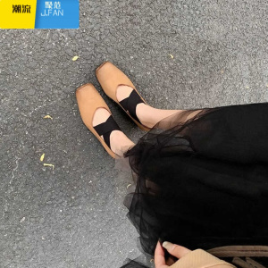 聚范方头芭蕾单鞋女外穿复古绑带平底中跟粗跟玛丽珍鞋猪鼻子芭蕾舞鞋