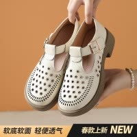真皮凉鞋女2025春夏季新款圆头厚底镂空软底女鞋百搭透气洞洞鞋