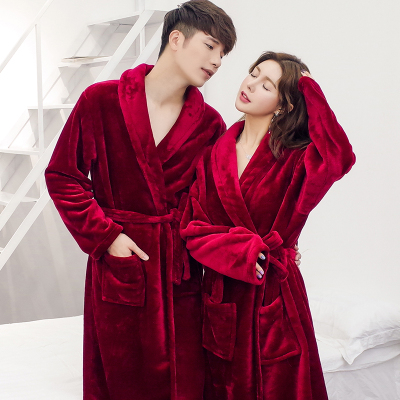 秋冬法兰绒睡袍女冬中长浴衣浴袍男加厚珊瑚绒情侣睡衣长袖家居服