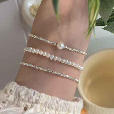 波光粼粼碎银子纯银珍珠手链女高级感叠戴串珠小众设计手串送女朋友老婆情人节七夕生日礼物