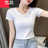 YIBUSHENGv领白色短袖t恤女2024新款chic甜辣小个子高腰短款紧身上衣