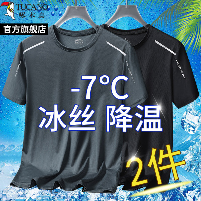 啄木鸟薄款夏季冰丝速干短袖T恤男士宽松网眼透气运动半袖上衣服