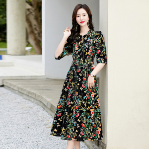 2024春秋新款连衣裙女显瘦中袖感休闲时尚中长款裙子2024年春秋季