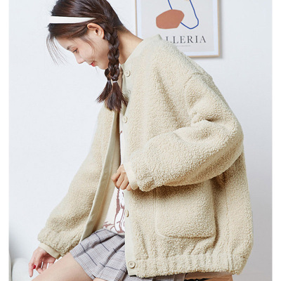 [1折价69.9元,叠加优惠券]唐狮冬季仿羊羔绒圆领开衫外套女宽松韩版棒球服上衣潮