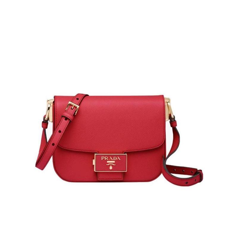 普拉达(PRADA)红色真皮女士单肩包金色五金金属logo可调节肩带翻