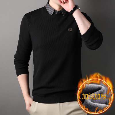 同款冬季新款衬衫领男士假两件加绒加厚保暖打底长袖毛衣男