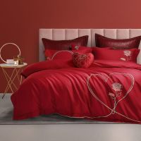 水星家纺60S长绒棉婚庆四件套大红结婚套件予诺希 1.8米 220x240cm