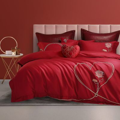 水星家纺60S长绒棉婚庆四件套大红结婚套件予诺希 1.8米 220x240cm