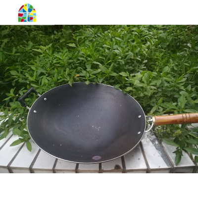 广西老式铁锅 传统锅生铁锅尖底圆底炒锅家用轻便炒菜锅 FENGHOU 34厘米口径新款木柄锅+熟铁盖