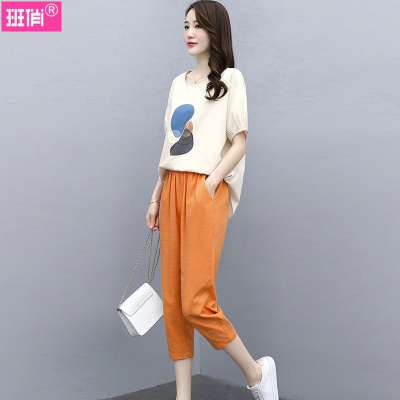 班俏BANQIAO棉麻休闲时尚套装2021年夏装新款女装小个子遮肚子显瘦亚麻两件套女装