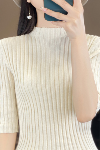 半高领薄款打底衫女春秋季棉修身短款中袖T恤女针织衫上衣