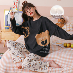 睡衣女秋冬季纯棉长袖带胸垫秋天韩版可爱大码家居服套装