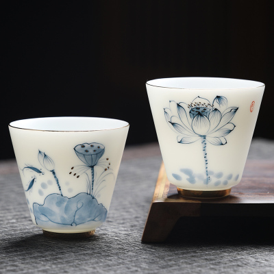 MULTIPOTENT主人杯功夫茶具羊脂玉品茗杯茶杯手绘描金青莲直口杯(2个装)