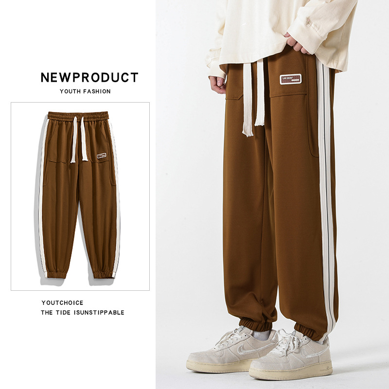 春季新款休闲裤男侧边条拼接束脚裤复古撞色潮牌运动宽松卫裤