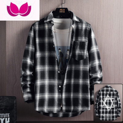 七斓休闲长袖衬衫男士2023新款潮牌痞帅日系格子衬衣工装外套上衣