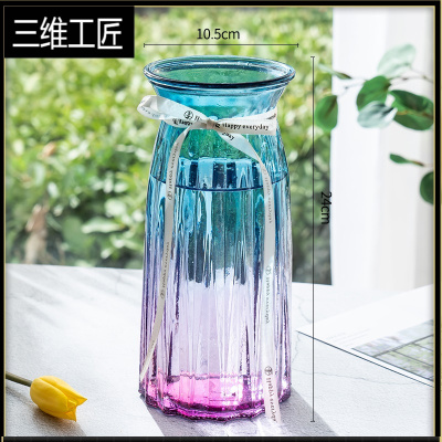 特大号玻璃花瓶透明水养富贵竹百合银柳冬青花瓶客厅插花欧式摆件三维工匠25折纸蓝紫大