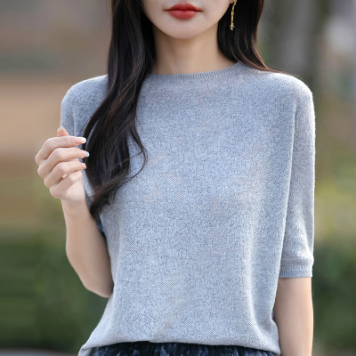 春夏新款精纺羊毛半高领女针织衫短袖蕾丝镂空高级感五分袖打底衫
