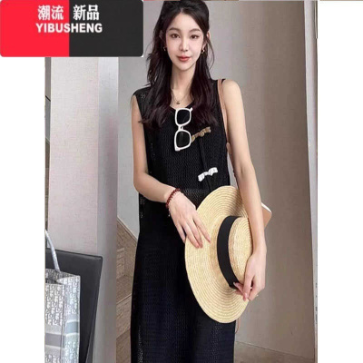 YIBUSHENG盘扣无袖镂空开叉针织裙女2024新款季设计感宽松中长款防晒罩衫