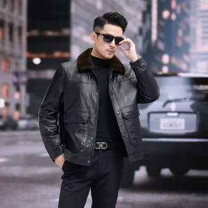 金貂绒领牛皮夹克真皮短款男脱卸翻领油蜡牛皮夹克秋冬外套貂绒内