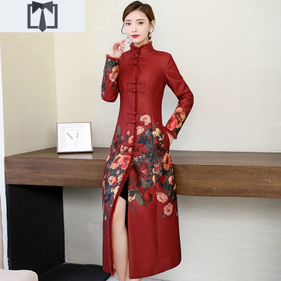 SUNTEK中国风外套女中长款2021新款秋冬气质长袖收腰过膝印花大衣风衣风衣