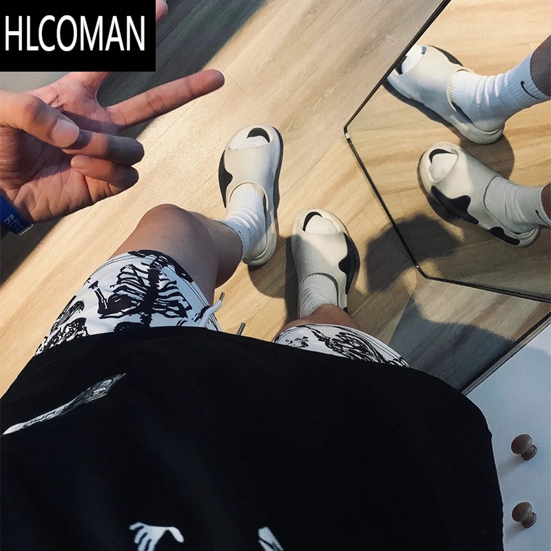 HLCOMAN复古骷髅头火焰篮球裤短裤美式不过膝健身四分裤男透气速干训练裤