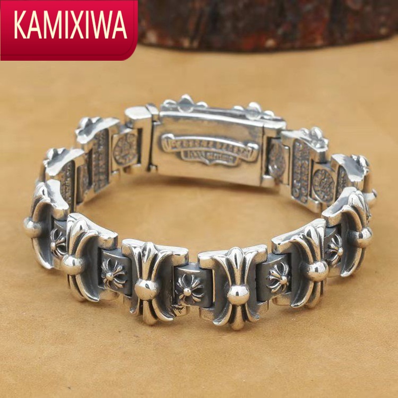 kamixiwa饰品复古朋克风十字花马蹄印粗矿男款手链 韩版龙骨带