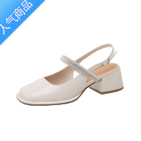 SUNTEK包头凉鞋女夏季2023年新款方头粗跟单鞋高跟鞋水钻一字带玛丽珍鞋