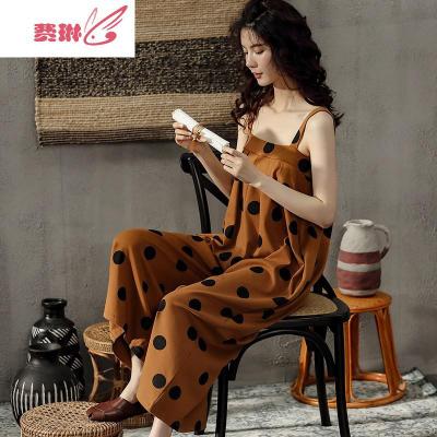 女夏季印花连体阔腿裤可爱波点休闲家居夏天套头可外穿家居服费琳睡裙