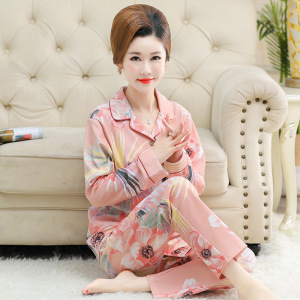 秋冬季睡衣女士棉质长袖开衫翻领中老年人妈妈大码宽松家居服套装