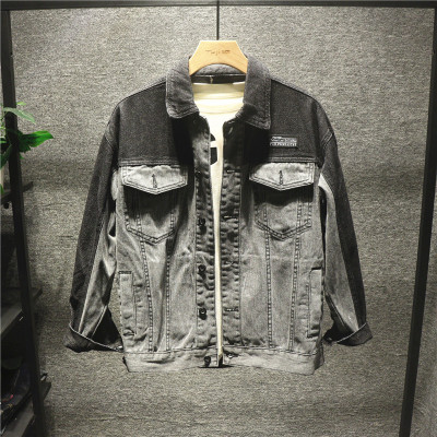 新款Hi国潮复古双色牛仔外套男青年潮流百搭休闲个性夹克上衣