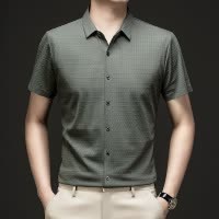 夏季新款短袖衬衫男翻领休闲无缝提花薄款透气男士衬衣