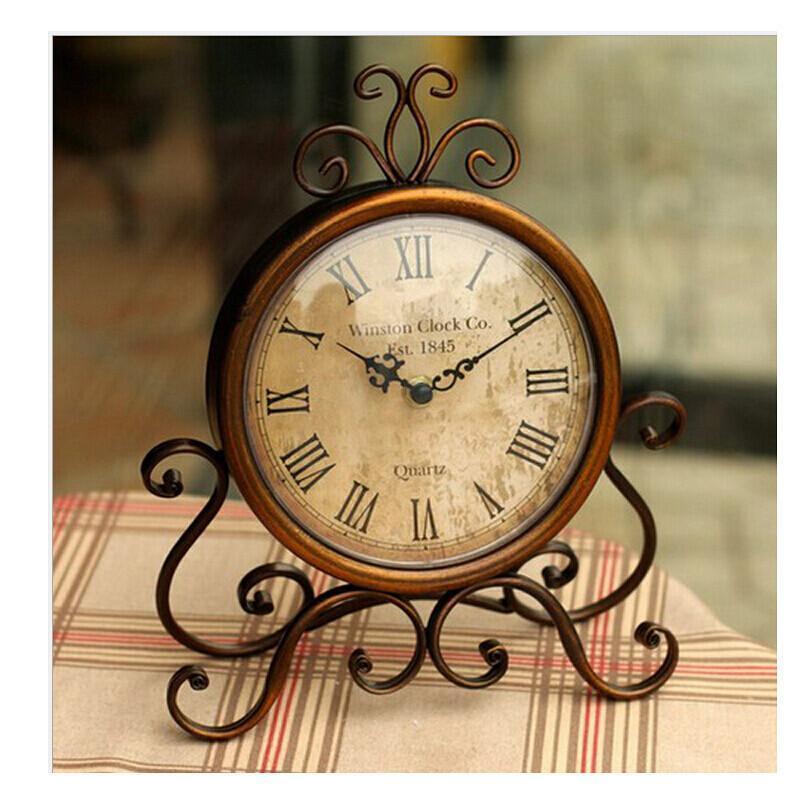 欧式仿复古铁艺钟表 古铜金色静音台钟座钟 钟