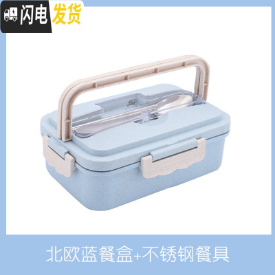 三维工匠创意手提学生饭盒便携可爱健身餐盒上班族食堂分格带盖塑料便当盒 级款蓝色(送不锈钢餐具)