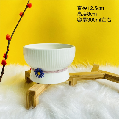 猫碗宠物陶瓷猫盆米妮可爱饮水碗猫粮碗宠物碗日式高脚护颈粘小狗狗碗_低脚纯白猫咪碗_适中