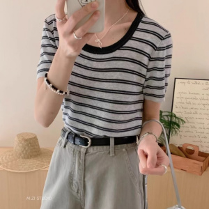 条纹短袖针织衫女夏季女装新款修身显瘦撞色韩版打底衫上衣INS潮