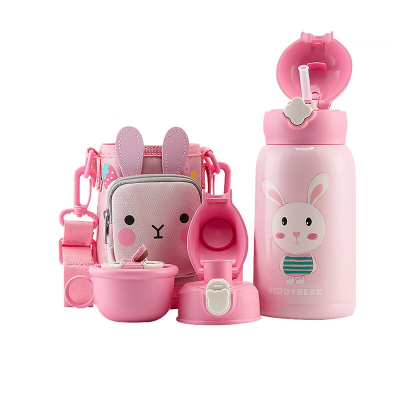 网红四叶草兔杯具熊BEDDYBEAR儿童保温杯独角兽带吸管宝宝男喝水杯子婴幼儿园防摔水壶女630ml口袋杯套