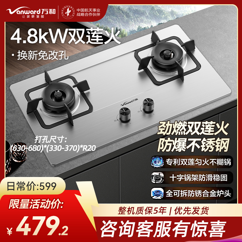 万和 一级能效 [蓝莲花]4.8kW大火力 家用台式嵌入式燃气灶具 双眼灶 不锈钢 JZY-B9B50(液化气)