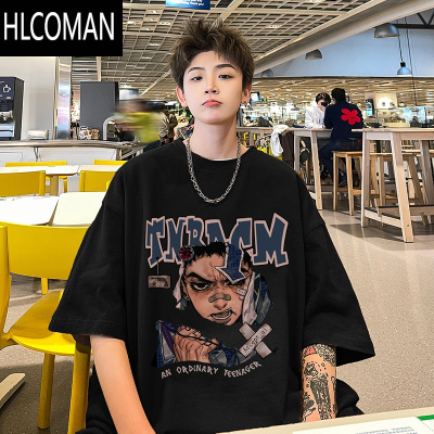 HLCOMAN短袖t恤男夏季美式高街潮牌hiphop半袖上衣宽松休闲圆领体恤