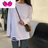 七斓韩版宽松百搭打底衫白色T恤破洞长袖女慵懒风上衣叠穿搭配卫衣潮